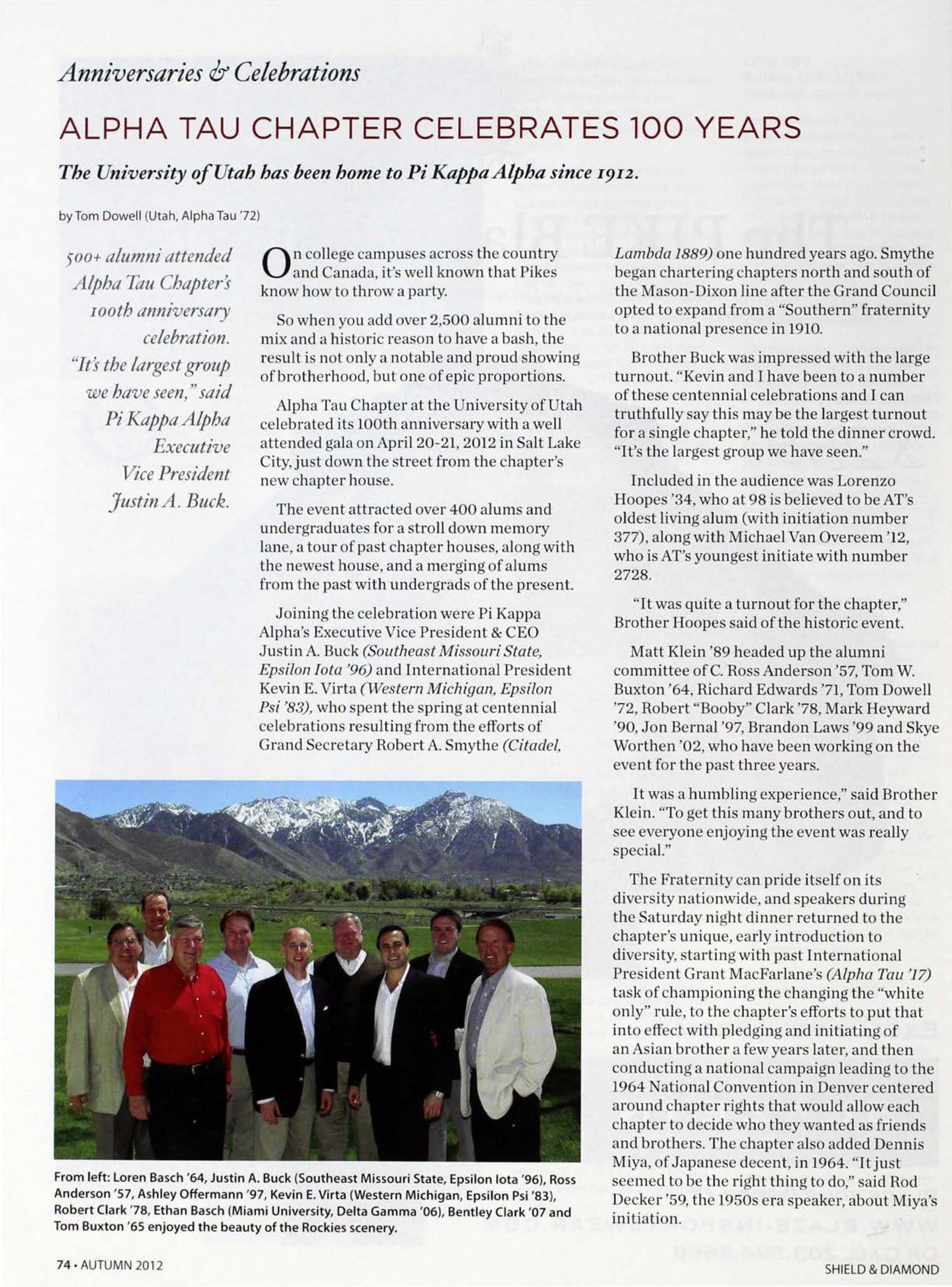 Anniversaries & Celebrations: Alpha Tau Chapter Celebrates 100 Years, Autumn 2012